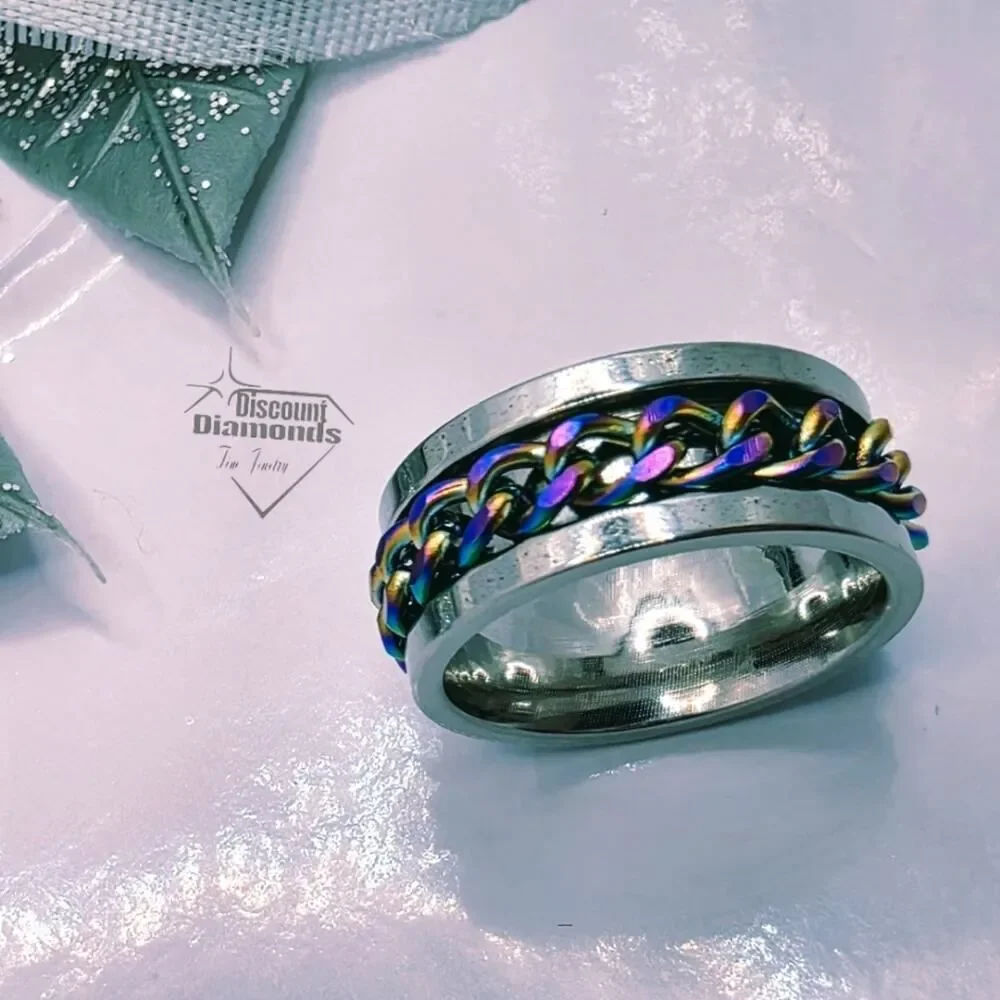 SPINNER Titanium Polished Silver Ring - Rainbow Chain